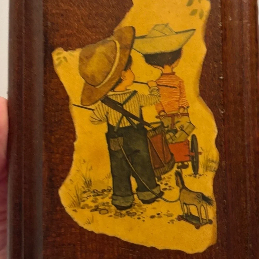 1970s Vintage Wood Wall Art Plaque Two Kids With Dog Country Scene Hanging Decor